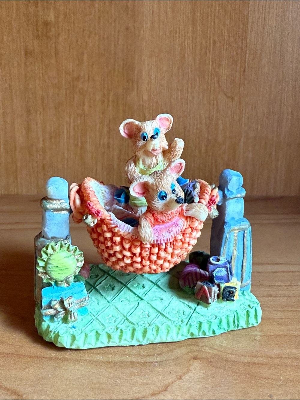 Vintage Hand-Painted Ceramic Teddy Bear Figurine in Peach and Pastel Colors‎
